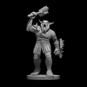 Resin 3D printed miniature of a Bugbear Chief with shield in their left hand at their side, and a spiked maul raised in their right hand ready to strike.