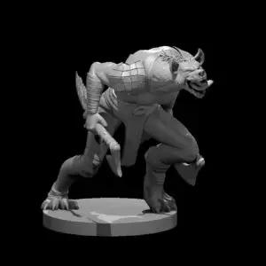 Resin 3D printed miniature of a Gnoll wielding two hand axes.