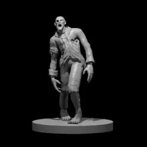 Resin 3D printed miniature of a zombie walking with their arms down at their side.