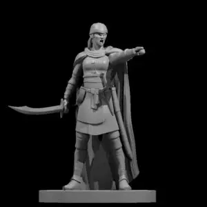 Resin 3D printed miniature of a female bandit captain with a scimitar in the right hand and the left arm extended and pointed forward.