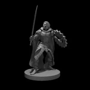 Resin 3D printed miniature of a drow elite warrior, shield on his left arm and a sword in his right at a mid guard position.