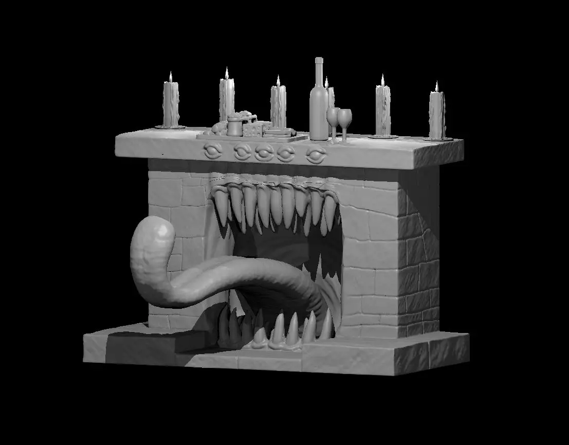Resin 3D printed miniature of a fireplace mimic.