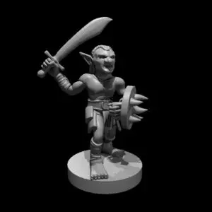 Resin 3D printed miniature of a Goblin with a sword in their right hand raised and ready to strike, and a shield in their left hand.