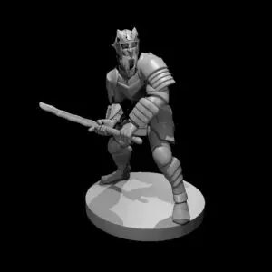 Resin 3D printed miniature of an armored Hobgoblin Captain with sword at close left guard.