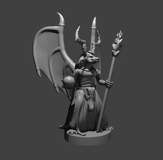 Resin 3D printed miniature of a winged kobold chief with a horned headdress, globe in their right hand and staff in their left hand.