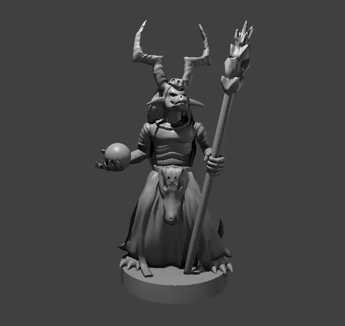 Resin 3D printed miniature of a kobold chief with a horned headdress, globe in their right hand and staff in their left hand.