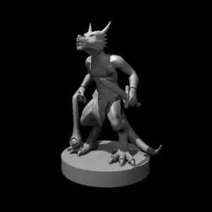 Resin 3D printed miniature of a kobold with a sling in their right hand and a short sword in their left hand.