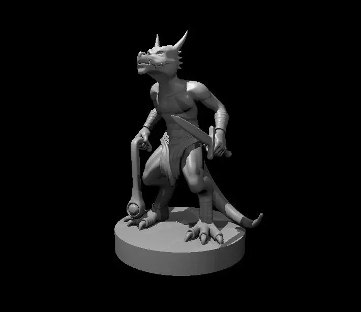 Resin 3D printed miniature of a kobold with a sling in their right hand and a short sword in their left hand.