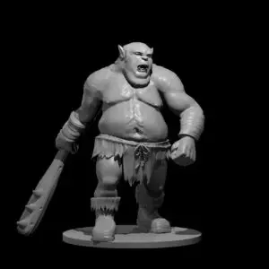 Resin 3D printed miniature of a dumb hairy Ogre dragging a club in his right hand.