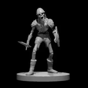 Resin 3D printed miniature of a skeleton warrior with shield in left hand and a broken sword in the right hand.