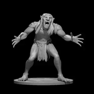 Resin 3D printed miniature of a yelling Troll with his arms out ready to grab.