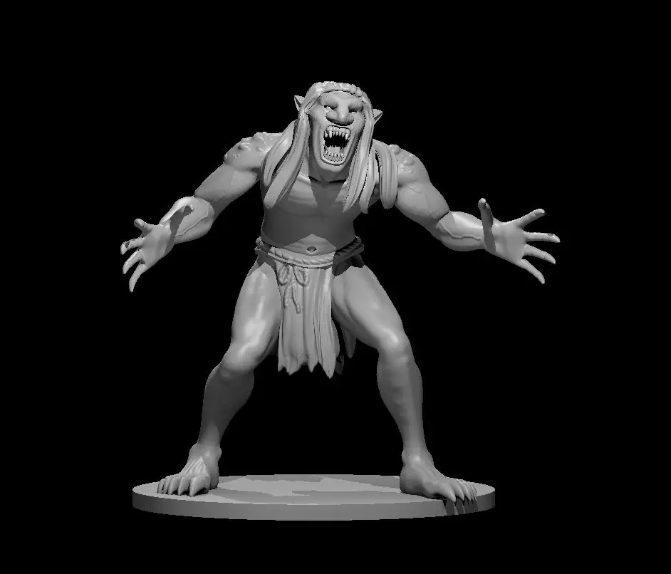 Resin 3D printed miniature of a yelling Troll with his arms out ready to grab.