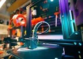 A close-up shot of a 3D printer in a vibrant and modern workshop environment.